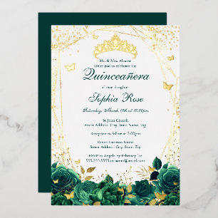 Invitación Con Relieve Metalizado Tiara de Mariposa Floral Esmeralda Quinceañera