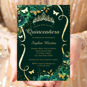 Invitación Con Relieve Metalizado Tiara de mariposa floral esmeralda Quinceanera 