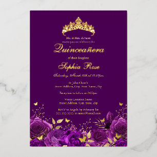 Invitación Con Relieve Metalizado Tiara de Mariposa Floral Púrpura Quinceañera