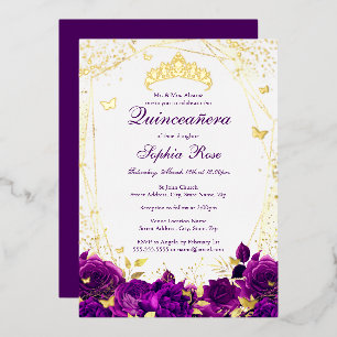 Invitación Con Relieve Metalizado Tiara de Mariposa Floral Quinceañera Púrpura