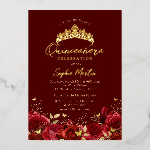 Invitación Con Relieve Metalizado Tiara de Mariposa Floral Roja de Hoja Real Quincea