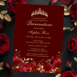Invitación Con Relieve Metalizado Tiara de Mariposa Floral Roja Dorada Quinceanera