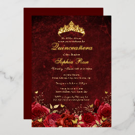 Invitación Con Relieve Metalizado Tiara de Mariposa Floral Roja Real Quinceañera