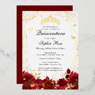Invitación Con Relieve Metalizado Tiara de Mariposa Floral Rojo Dorado Quinceañera