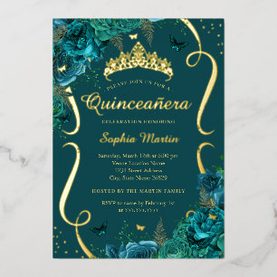 Invitación Con Relieve Metalizado Tiara de mariposa floral rosa azul verdoso Quincea