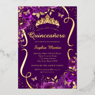 Invitación Con Relieve Metalizado Tiara de Mariposa Floral Rosa Púrpura Quinceañera