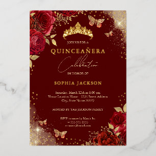 Invitación Con Relieve Metalizado Tiara de Mariposa Rosa Oro Rojo Quinceañera 