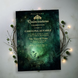 Invitación Con Relieve Metalizado Tiara de Oro Esmeralda Bosque Encantado Quinceañer