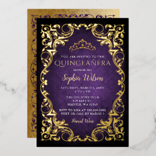Invitación Con Relieve Metalizado Tiara de princesa de oro púrpura vintage Quinceañe
