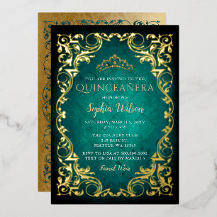 Invitación Con Relieve Metalizado Tiara de princesa de oro verde vintage Quinceañera