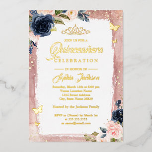 Invitación Con Relieve Metalizado Tiara de Purpurina Floral Quinceañera Navy Rosa