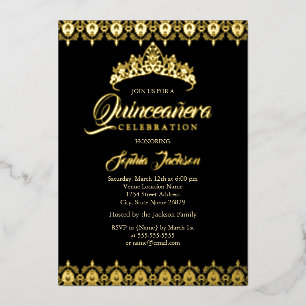 Invitación Con Relieve Metalizado Tiara de Quinceañera de oro negro con foil