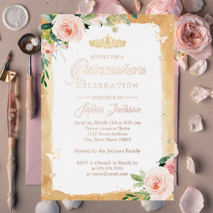 Invitación Con Relieve Metalizado Tiara de Rosa Dorada con Brillo Floral Quinceañera