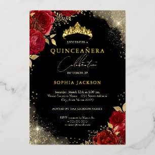 Invitación Con Relieve Metalizado Tiara de Rosa Dorada Roja Brillante Quinceañera
