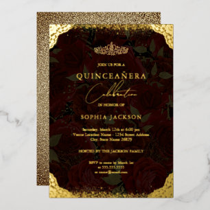 Invitación Con Relieve Metalizado Tiara de Rosa Dorada Roja Quinceañera