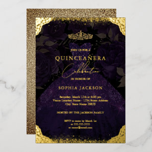 Invitación Con Relieve Metalizado Tiara de vestido de purpura dorado brillante Quinc