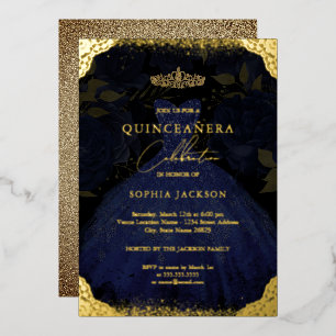 Invitación Con Relieve Metalizado Tiara de vestido de quinceañera azul brillante dor