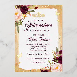 Invitación Con Relieve Metalizado Tiara Floral Borgoña Quinceanera 15 Cumpleaños