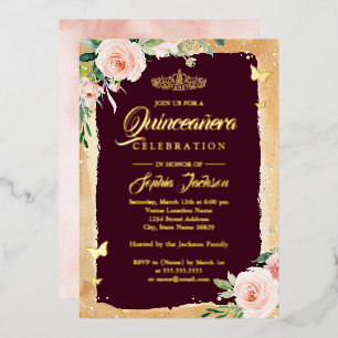Invitación Con Relieve Metalizado Tiara Floral Brillo Burgundy Rubor Quinceanera