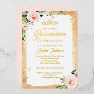 Invitación Con Relieve Metalizado Tiara Floral de Brillo para Quinceañera de Oro Ros