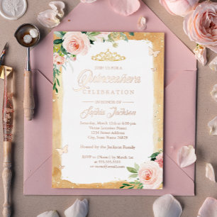 Invitación Con Relieve Metalizado Tiara Floral de Destello de Rosa Dorado Quinceañer