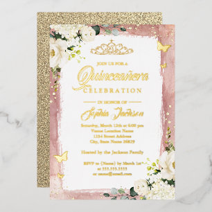 Invitación Con Relieve Metalizado Tiara Floral de Destello Rosa Dorado para Quinceañ