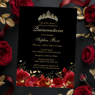 Invitación Con Relieve Metalizado Tiara Floral de Mariposa de Oro Rojo Quinceañera
