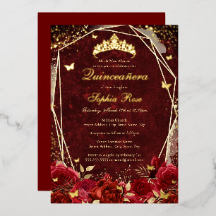 Invitación Con Relieve Metalizado Tiara Floral de Mariposa de Oro Rojo Real Quinceañ