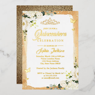 Invitación Con Relieve Metalizado Tiara Floral de Quinceañera Dorada con Brillo Cump