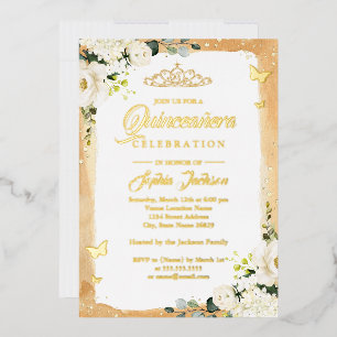 Invitación Con Relieve Metalizado Tiara Floral de Quinceañera Dorada con Brillo Cump