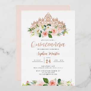 Invitación Con Relieve Metalizado Tiara floral de rosa dorada mariposa Quinceañera 