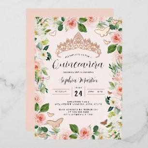 Invitación Con Relieve Metalizado Tiara floral de rosa dorada para Quinceañera con m