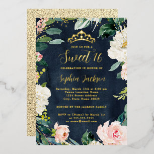 Invitación Con Relieve Metalizado Tiara Floral Dulces 16 Rosa Azul Oro
