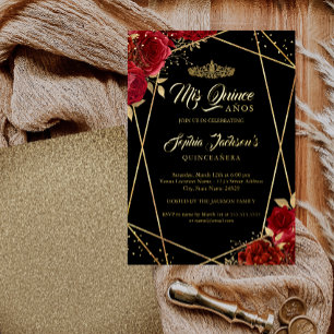 Invitación Con Relieve Metalizado Tiara Floral Gold Red Quinceanera Moderno