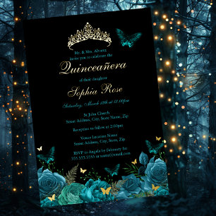 Invitación Con Relieve Metalizado Tiara Floral Mariposa Azul Teal Dorado Quinceañera