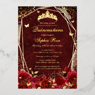 Invitación Con Relieve Metalizado Tiara Floral Mariposa de Oro Rojo Real Quinceañera