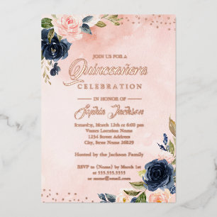 Invitación Con Relieve Metalizado Tiara floral Quinceañera de lámina de oro rosa Nav