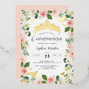 Invitación Con Relieve Metalizado Tiara floral rosa mariposa Quinceanera 
