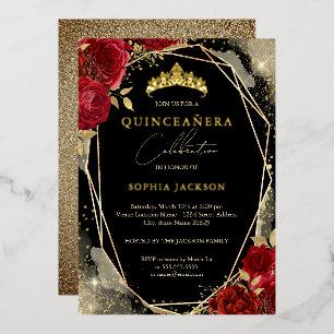 Invitación Con Relieve Metalizado Tiara Floral Rosa Rojo Dorado Quinceañera