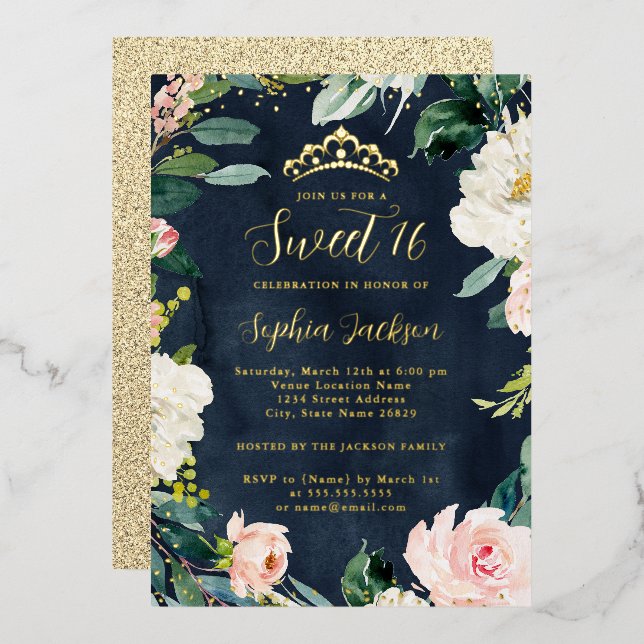 Invitación Con Relieve Metalizado Tiara Floral Sweet 16 Oro de Marina Rosa (Anverso/Reverso)