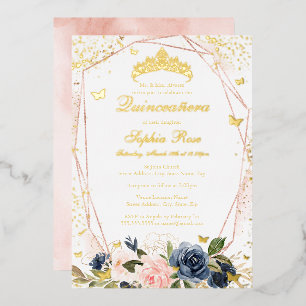 Invitación Con Relieve Metalizado Tiara Mariposa Floral Rosa Azul Marino Quinceañera