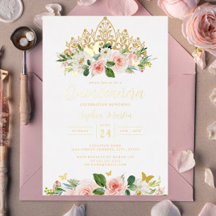 Invitación Con Relieve Metalizado Tiara Mariposa Floral Rosa Dorado Quinceañera 15