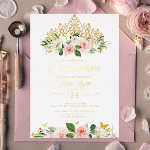 Invitación Con Relieve Metalizado Tiara Mariposa Floral Rosa Rubor Dorado Quinceañer
