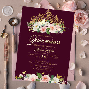 Invitación Con Relieve Metalizado Tiara Mariposa Floral Rubí Sonrojo Quinceañera