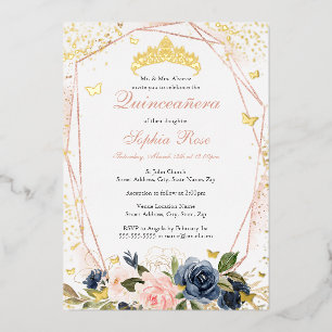 Invitación Con Relieve Metalizado Tiara Mariposa Floral Rubor Rosa Azul Quinceañera
