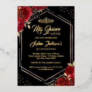 Invitación Con Relieve Metalizado Tiara Moderna Floral Rojo Dorado Quinceañera