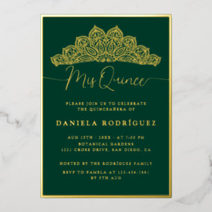 Invitación Con Relieve Metalizado Tiara Quinceañera Dorada Verde Ornamentada