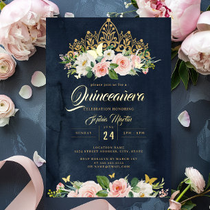 Invitación Con Relieve Metalizado Tiara Quinceañera Floral Mariposa Navy Dorado Sonr