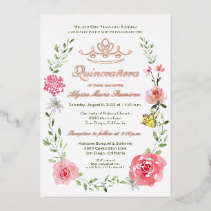 Invitación Con Relieve Metalizado Tiara Quinceañera mariposas rosadas florales de lu