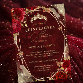 Invitación Con Relieve Metalizado Tiara Real Roja Floral Rosa Dorada Quinceanera
